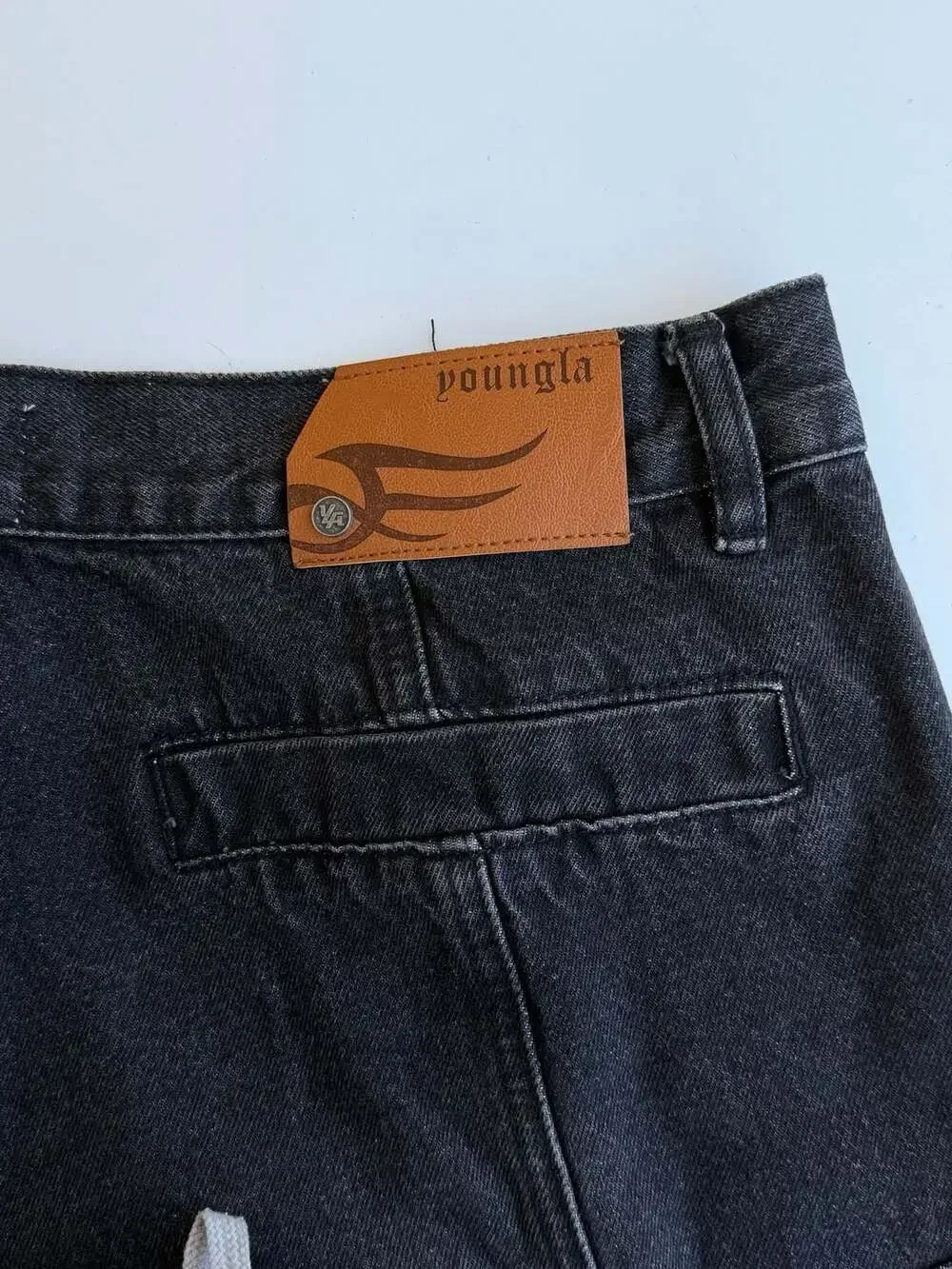 YoungLA Men's Model 6044 Washed Black Denim Cargo Pants